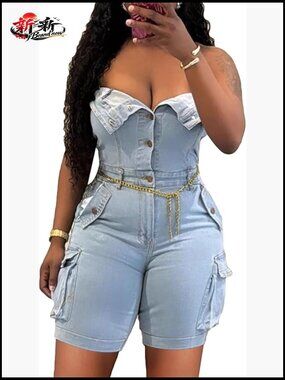 Strapless Denim Jumpsuit Cargo Tube Bodycon Corset Button Up Romper